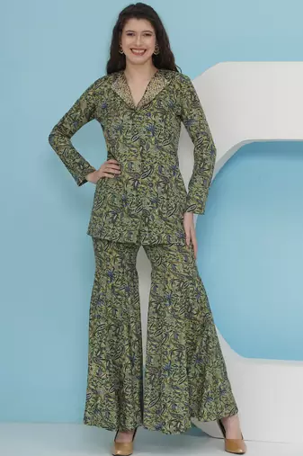 Women green blazer with sharara