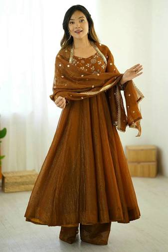 Mustard Crunchy Silk Anarkali with Bottom & Dupatta Set