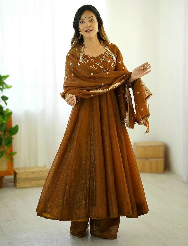 Mustard Crunchy Silk Anarkali with Bottom & Dupatta Set
