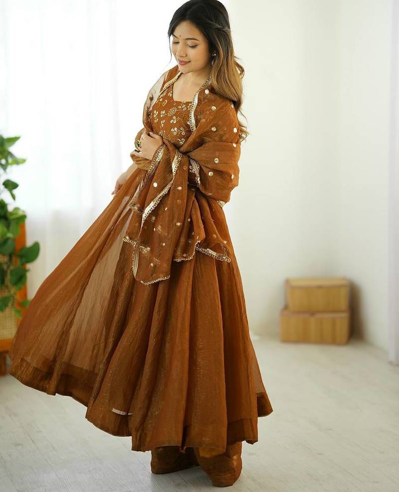 Mustard Crunchy Silk Gown, Bottom & Dupatta Set