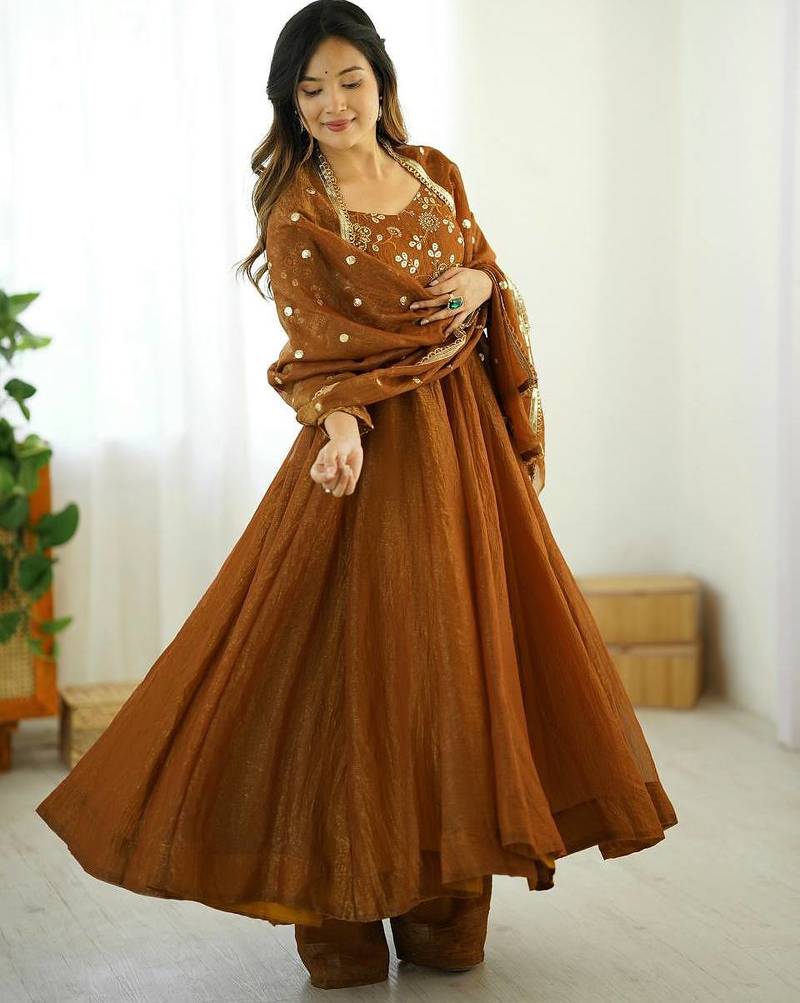 Mustard Crunchy Silk Gown, Bottom & Dupatta Set