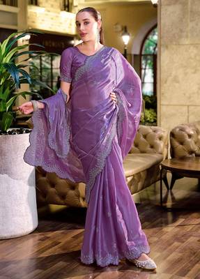 Lavender embroidery work shimmer chiffon saree with unstitched blouse 3