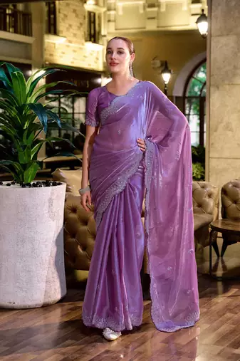 Lavender embroidery work shimmer chiffon saree with unstitched blouse
