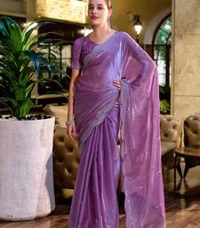 Lavender embroidery work shimmer chiffon saree with unstitched blouse