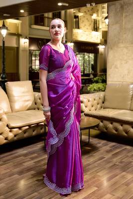 Purple embroidery work shimmer chiffon saree with unstitched blouse 4