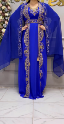 Royal Blue Embroidered Stitched Kaftan with Heavy Golden Work & Stylish Cape  1