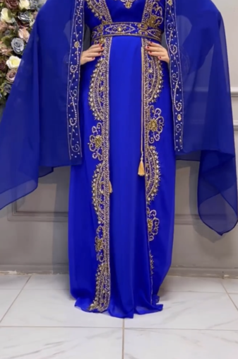 Royal Blue Embroidered Stitched Kaftan with Heavy Golden Work & Stylish Cape 