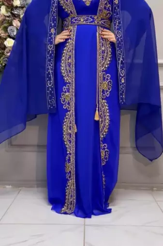 Royal Blue Embroidered Stitched Kaftan with Heavy Golden Work & Stylish Cape 