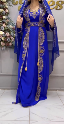 Royal Blue Embroidered Stitched Kaftan with Heavy Golden Work & Stylish Cape  2
