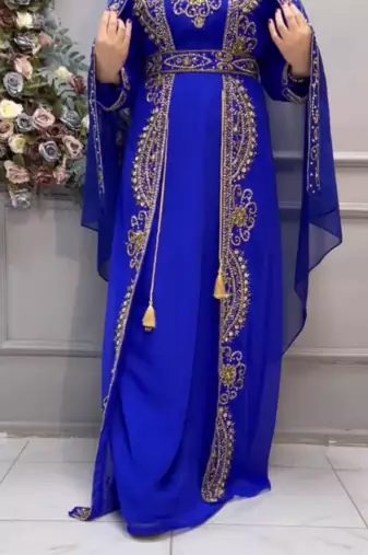 Royal Blue Embroidered Stitched Kaftan with Heavy Golden Work & Stylish Cape 