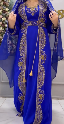 Royal Blue Embroidered Stitched Kaftan with Heavy Golden Work & Stylish Cape  3