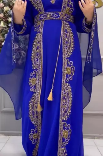 Royal Blue Embroidered Stitched Kaftan with Heavy Golden Work & Stylish Cape 