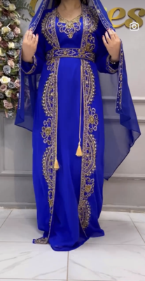Royal Blue Embroidered Stitched Kaftan with Heavy Golden Work & Stylish Cape  4