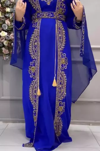Royal Blue Embroidered Stitched Kaftan with Heavy Golden Work & Stylish Cape 