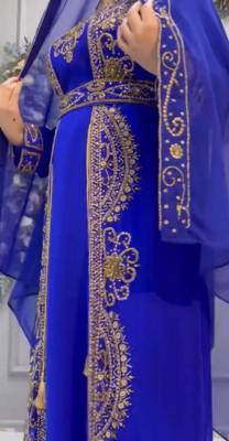 Royal Blue Embroidered Stitched Kaftan with Heavy Golden Work & Stylish Cape  5