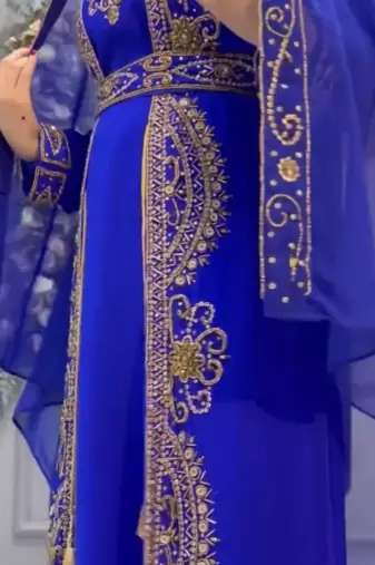 Royal Blue Embroidered Stitched Kaftan with Heavy Golden Work & Stylish Cape 