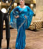 Sea blue embroidery work shimmer chiffon saree with unstitched blouse