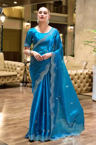 Sea blue embroidery work shimmer chiffon saree with unstitched blouse