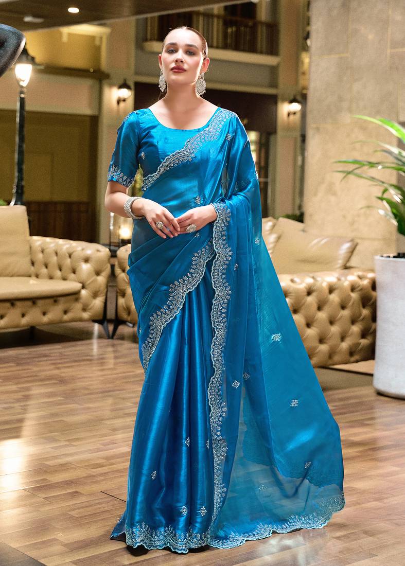 Sea blue embroidery work shimmer chiffon saree with unstitched blouse