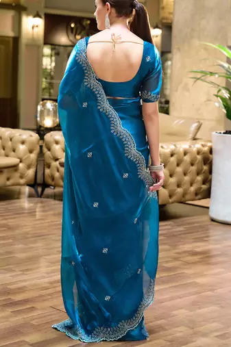 Sea blue embroidery work shimmer chiffon saree with unstitched blouse