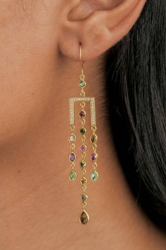 Multicolour tourmaline and cz cascade earrings in 18k gold-plated 925 silver