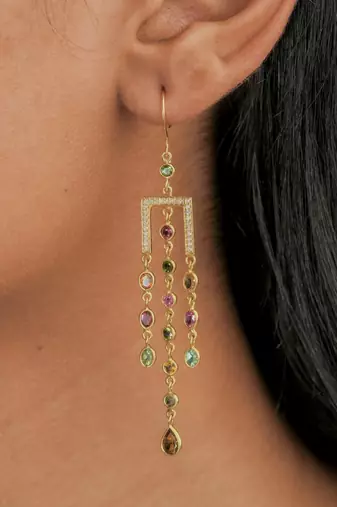 Multicolour tourmaline and cz cascade earrings in 18k gold-plated 925 silver