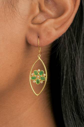 Marquise drop earrings with emerald flower & cz accents in 18k gold-plated 925 silver