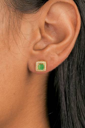 Square emerald stud earrings with cz halo in 18k gold-plated 925 silver