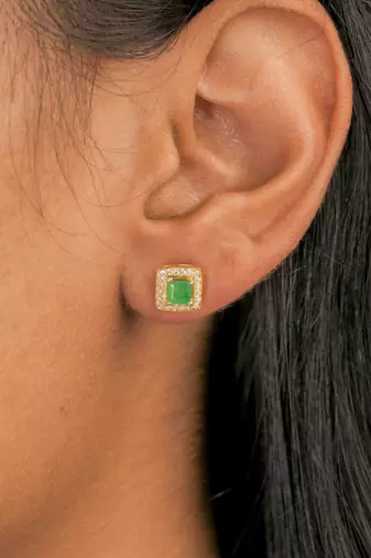Square emerald stud earrings with cz halo in 18k gold-plated 925 silver