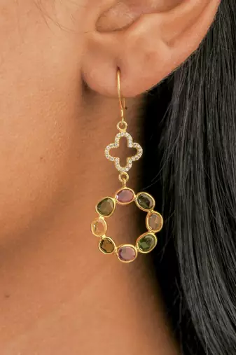 Multicolour tourmaline clover drop earrings with cz in 18k gold-plated 925 silver