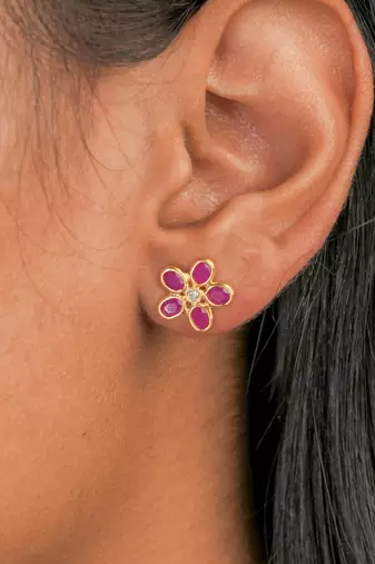 Ruby flower stud earrings with cz center in 18k gold-plated 925 silver