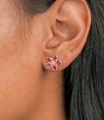 Ruby flower stud earrings with cz center in 18k gold-plated 925 silver
