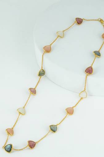 The celestial quartet necklace - strawberry quartz moonstone labradorite trillion cut 18kt gold plated sterling silver