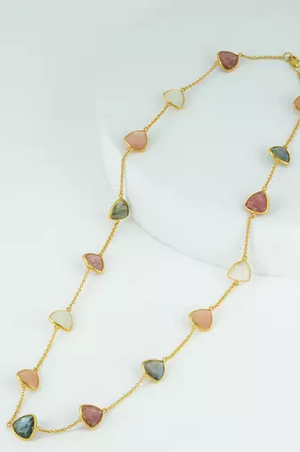 The celestial quartet necklace - strawberry quartz moonstone labradorite trillion cut 18kt gold plated sterling silver