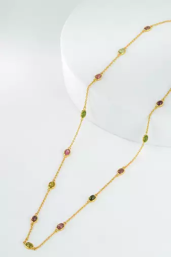 The tourmaline spectrum chain - pink rubellite olive verdelite cabochon 18kt gold plated sterling silver