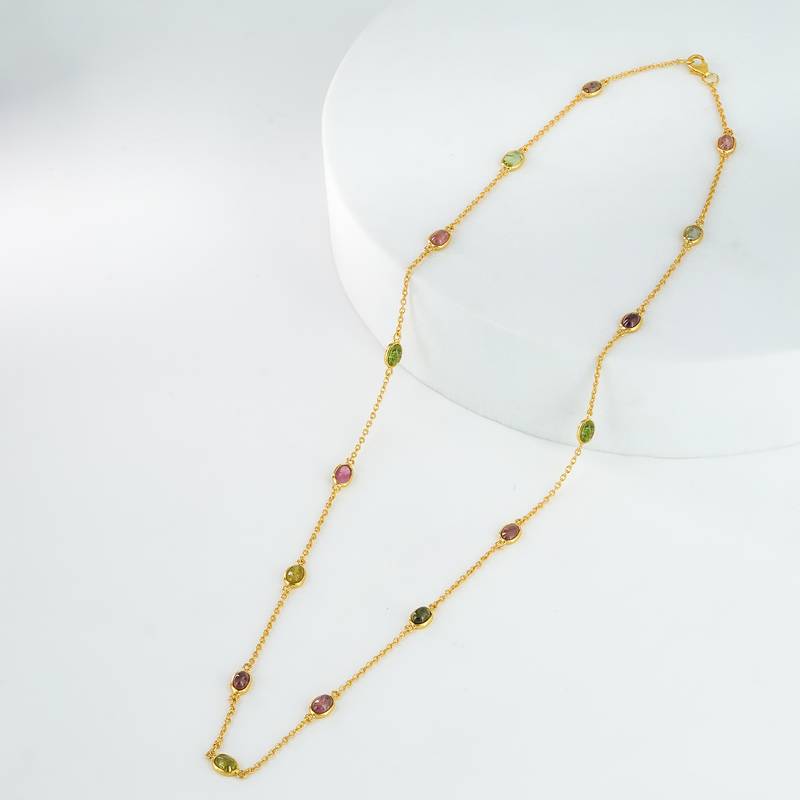 The tourmaline spectrum chain - pink rubellite olive verdelite cabochon 18kt gold plated sterling silver