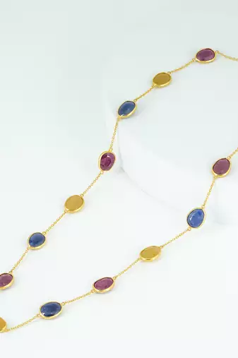 The trinity royal gemstone chain - ruby yellow sapphire blue sapphire 18kt gold plated sterling silver