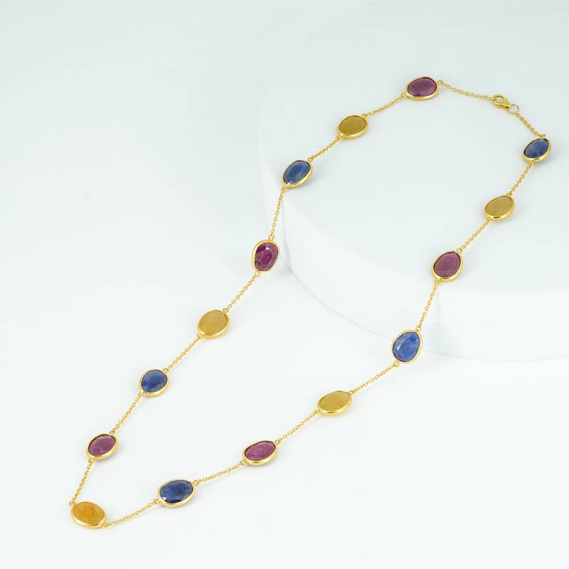 The trinity royal gemstone chain - ruby yellow sapphire blue sapphire 18kt gold plated sterling silver