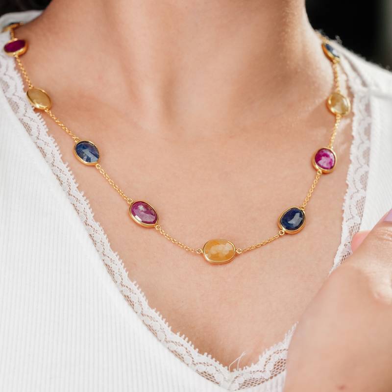 The trinity royal gemstone chain - ruby yellow sapphire blue sapphire 18kt gold plated sterling silver