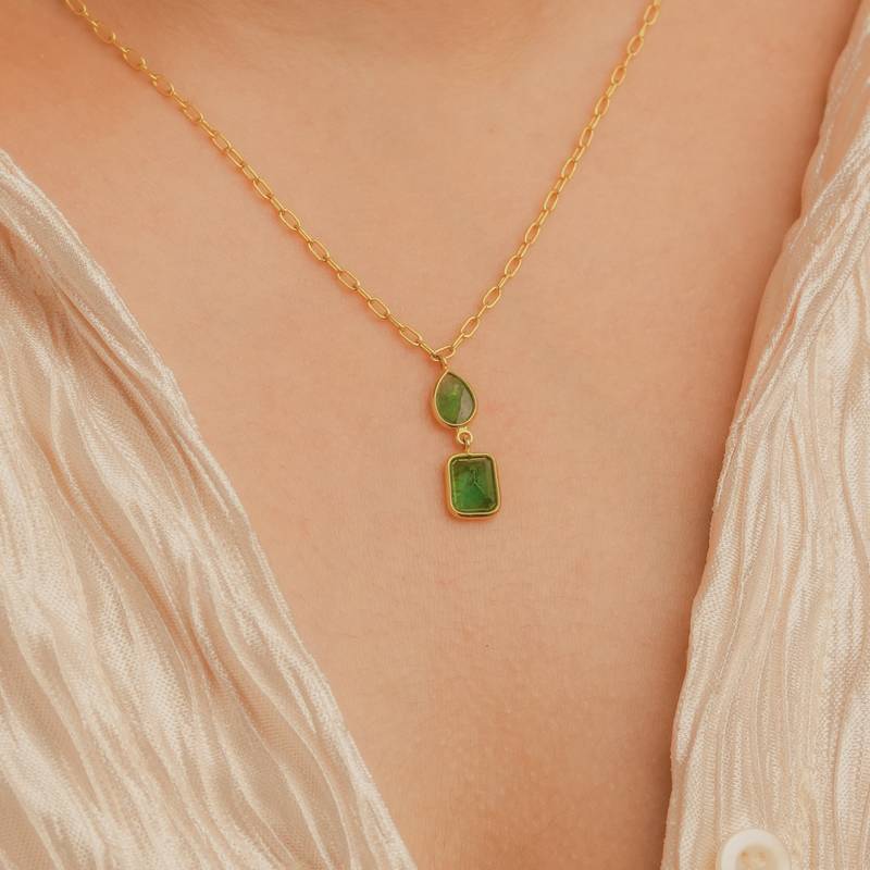 Dual emerald pendant necklace in 18k gold-plated 925 silver
