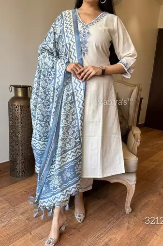 Cotton Embroidery Kurta Set Paired with Blue Printed Dupatta