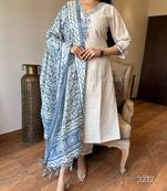 Cotton Embroidery Kurta Set Paired with Blue Printed Dupatta