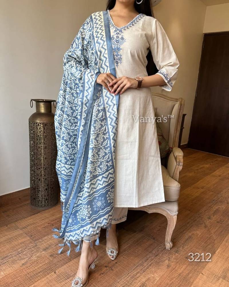 Cotton Embroidery Kurta Set Paired with Blue Printed Dupatta