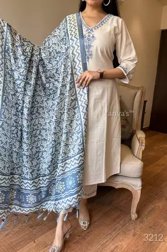 Cotton Embroidery Kurta Set Paired with Blue Printed Dupatta