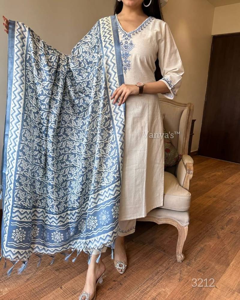 Cotton Embroidery Kurta Set Paired with Blue Printed Dupatta
