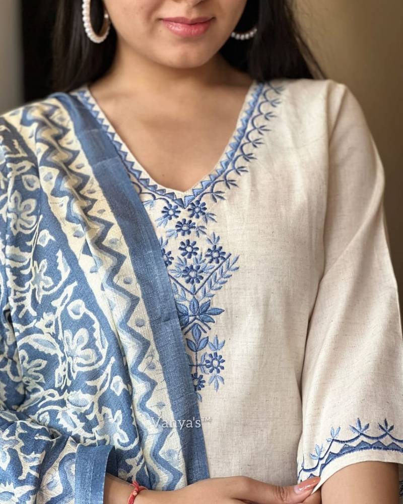 Cotton Embroidery Kurta Set Paired with Blue Printed Dupatta