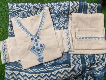 Cotton Embroidery Kurta Set Paired with Blue Printed Dupatta 5