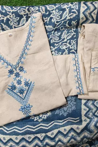 Cotton Embroidery Kurta Set Paired with Blue Printed Dupatta