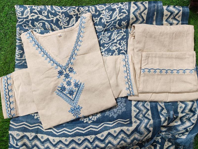 Cotton Embroidery Kurta Set Paired with Blue Printed Dupatta