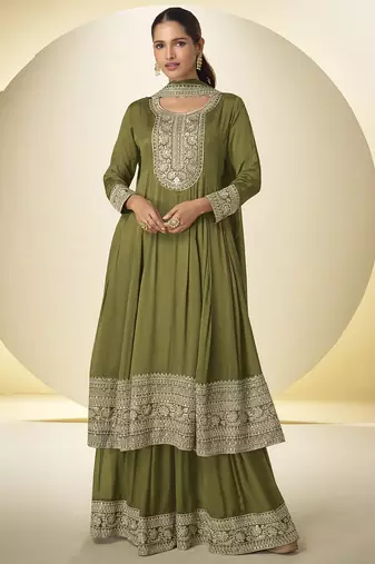 Mehendi chinon silk embroidered designer plazzo suit